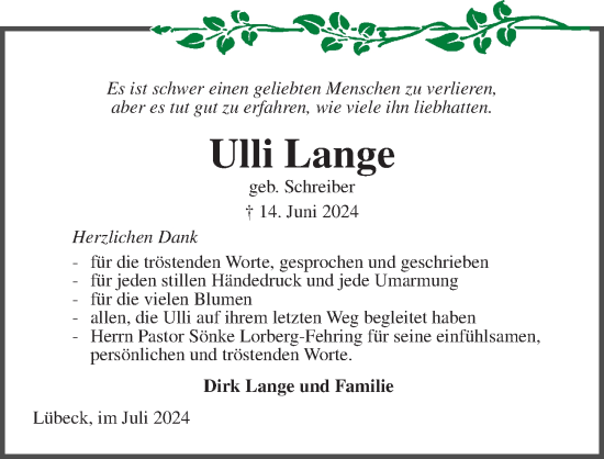 Traueranzeige von Ulli Lange von Lübecker Nachrichten