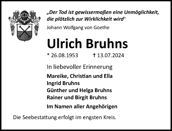 Traueranzeige von Ulrich Bruhns von Lübecker Nachrichten