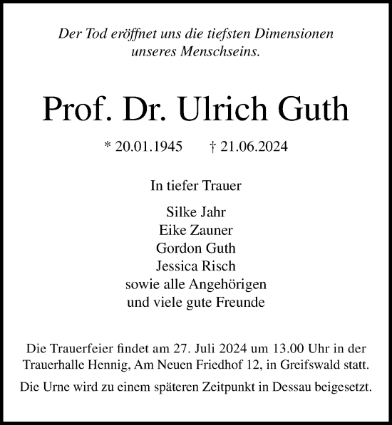 Traueranzeige von Ulrich Guth von Ostsee-Zeitung GmbH