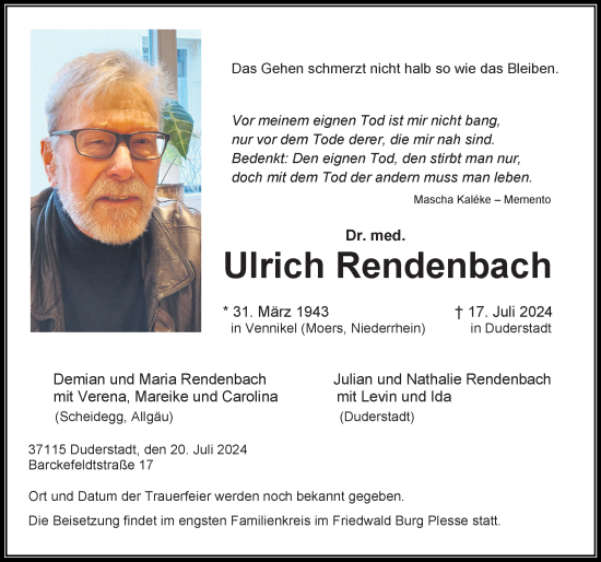 Traueranzeige von Ulrich Rendenbach von Eichsfelder Tageblatt
