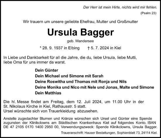 Traueranzeige von Ursula Bagger von Kieler Nachrichten