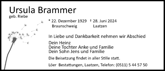 Traueranzeige von Ursula Brammer von Hannoversche Allgemeine Zeitung/Neue Presse