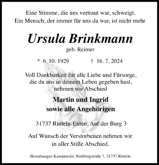 Traueranzeige von Ursula Brinkmann von Schaumburger Nachrichten und Schaumburger Zeitung/ Landes-Zeitung