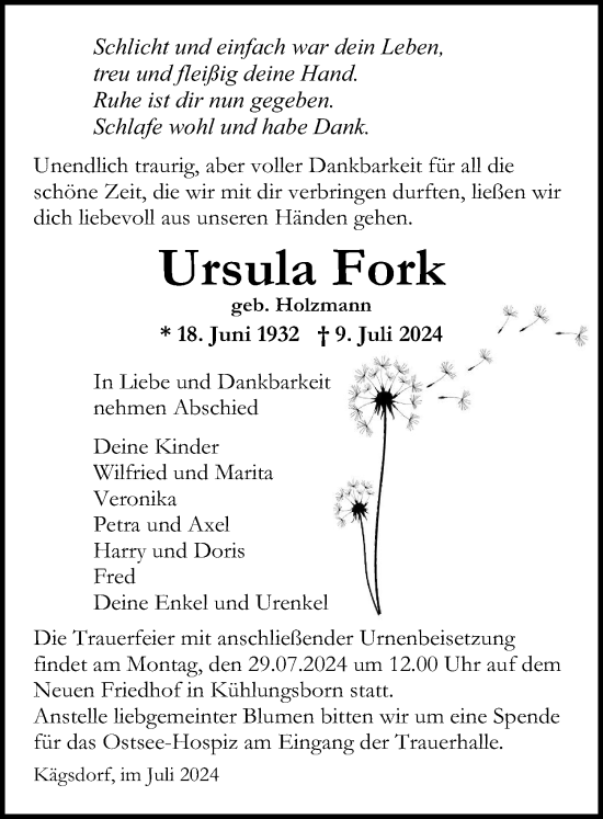 Traueranzeige von Ursula Fork von Ostsee-Zeitung GmbH