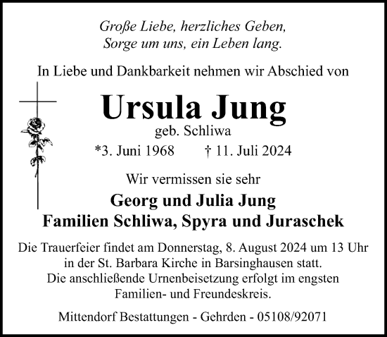 Traueranzeige von Ursula Jung von Hannoversche Allgemeine Zeitung/Neue Presse