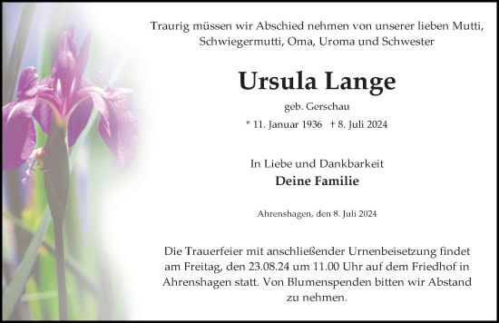 Traueranzeige von Ursula Lange von Ostsee-Zeitung GmbH
