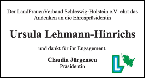 Traueranzeige von Ursula Lehmann-Hinrichs von Kieler Nachrichten