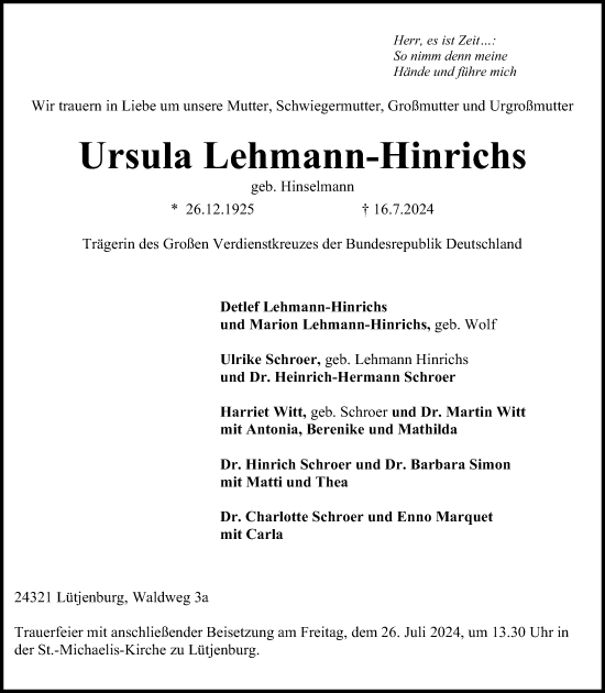 Traueranzeige von Ursula Lehmann-Hinrichs von Kieler Nachrichten