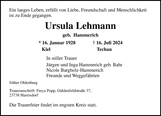 Traueranzeige von Ursula Lehmann von Lübecker Nachrichten