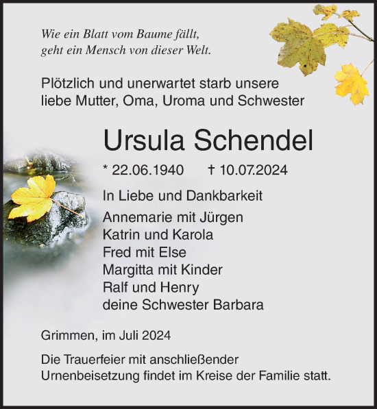 Traueranzeige von Ursula Schendel von Ostsee-Zeitung GmbH