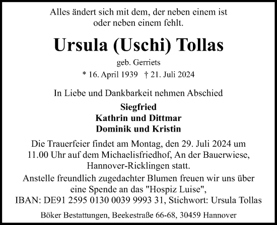 Traueranzeige von Ursula Tollas von Hannoversche Allgemeine Zeitung/Neue Presse