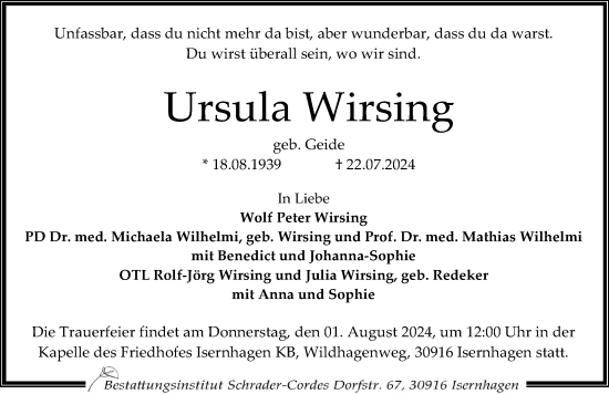 Traueranzeige von Ursula Wirsing von Hannoversche Allgemeine Zeitung/Neue Presse
