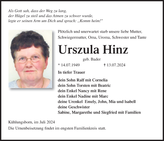 Traueranzeige von Urszula Hinz von Ostsee-Zeitung GmbH