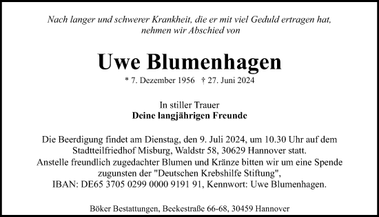 Traueranzeige von Uwe Blumenhagen von Hannoversche Allgemeine Zeitung/Neue Presse