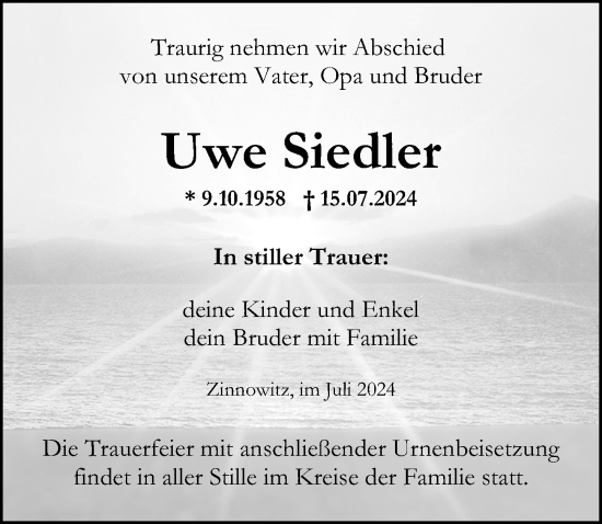 Traueranzeige von Uwe Siedler von Ostsee-Zeitung GmbH