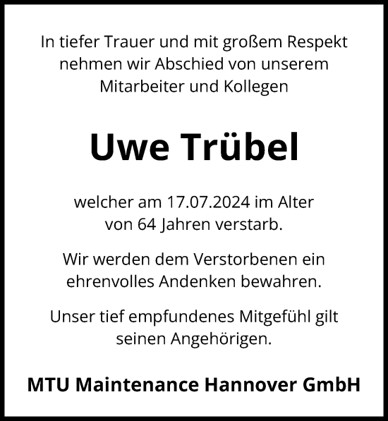 Traueranzeige von Uwe Trübel von Hannoversche Allgemeine Zeitung/Neue Presse