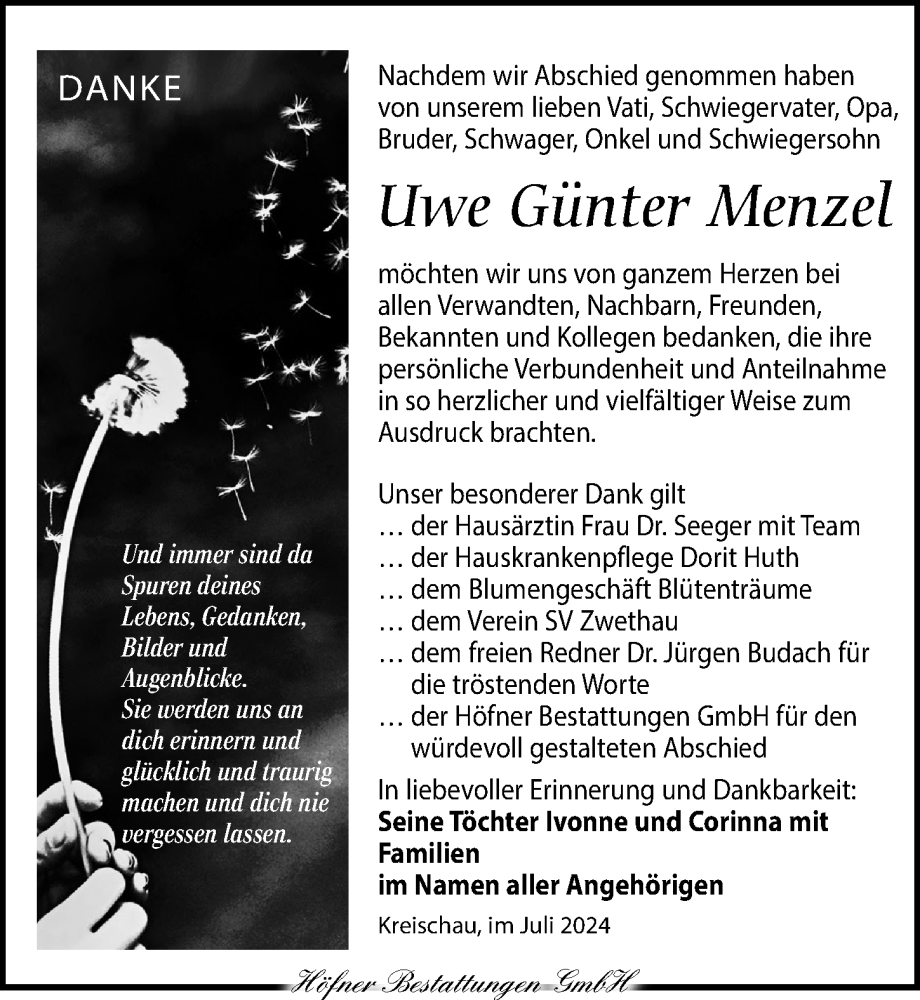  Traueranzeige für Uwe Günter Menzel vom 13.07.2024 aus Torgauer Zeitung