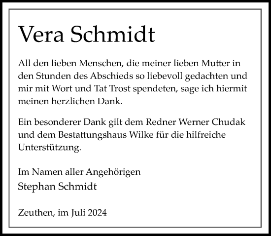 Traueranzeige von Vera Schmidt von Märkischen Allgemeine Zeitung