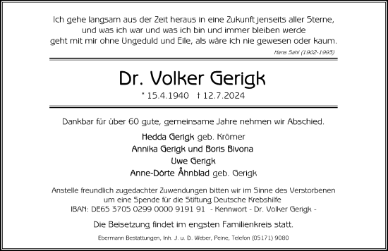 Traueranzeige von Volker Gerigk von Peiner Allgemeine Zeitung