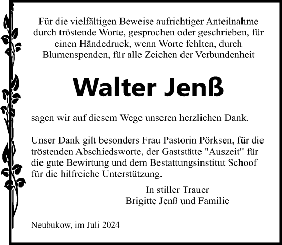 Traueranzeige von Walter Jenß von Ostsee-Zeitung GmbH