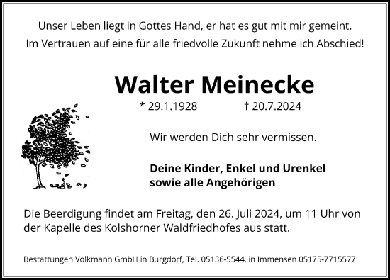 Traueranzeige von Walter Meinecke von Hannoversche Allgemeine Zeitung/Neue Presse