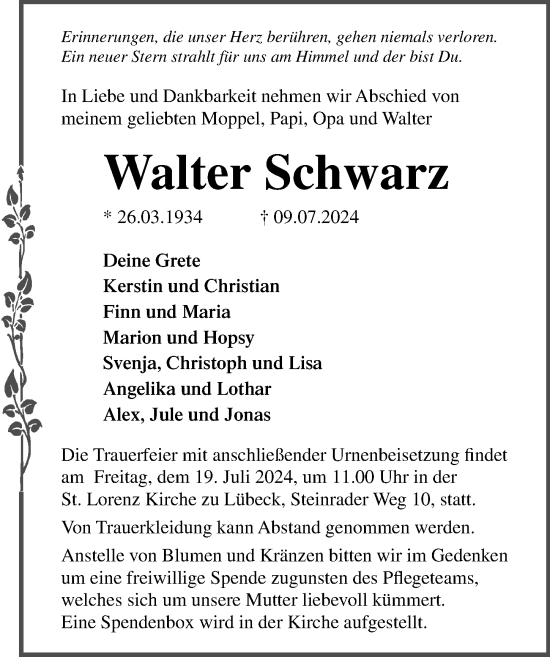 Traueranzeige von Walter Schwarz von Lübecker Nachrichten
