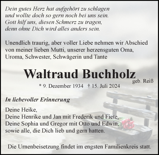 Traueranzeige von Waltraud Buchholz von Ostsee-Zeitung GmbH