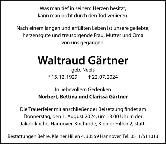 Traueranzeige von Waltraud Gärtner von Hannoversche Allgemeine Zeitung/Neue Presse