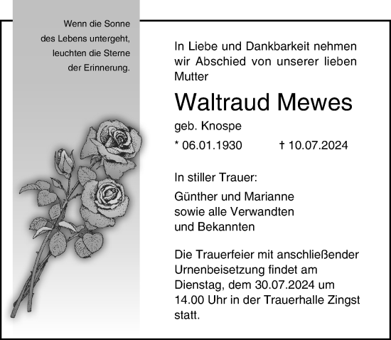 Traueranzeige von Waltraud Mewes von Ostsee-Zeitung GmbH