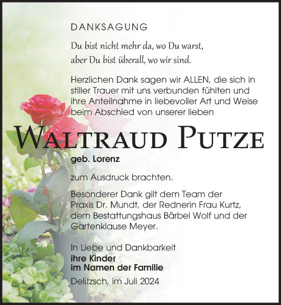 Traueranzeige von Waltraud Putze von Leipziger Volkszeitung