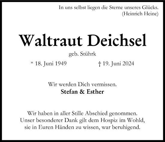 Traueranzeige von Waltraut Deichsel von Kieler Nachrichten