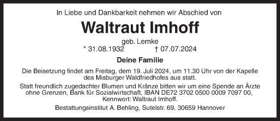 Traueranzeige von Waltraut Imhoff von Hannoversche Allgemeine Zeitung/Neue Presse