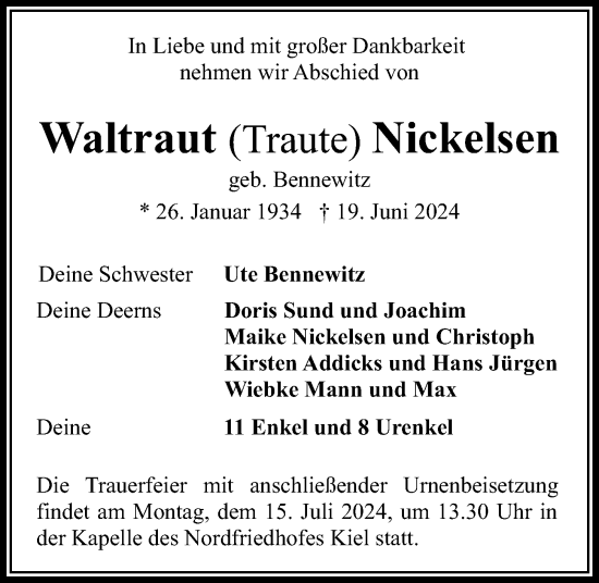 Traueranzeige von Waltraut Nickelsen von Kieler Nachrichten