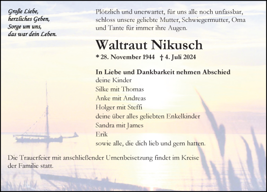 Traueranzeige von Waltraut Nikusch von Ostsee-Zeitung GmbH