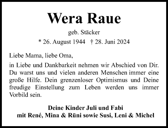 Traueranzeige von Wera Raue von Kieler Nachrichten