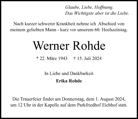 Traueranzeige von Werner Rohde von Kieler Nachrichten