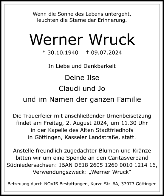 Traueranzeige von Werner Wruck von Göttinger Tageblatt