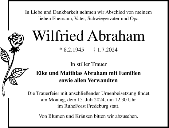 Traueranzeige von Wilfried Abraham von Lübecker Nachrichten