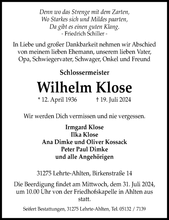 Traueranzeige von Wilhelm Klose von Hannoversche Allgemeine Zeitung/Neue Presse