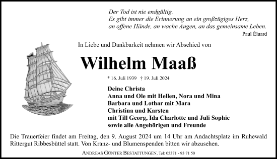 Traueranzeige von Wilhelm Maaß von Aller Zeitung