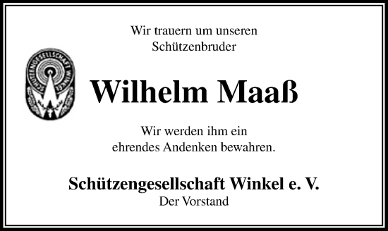 Traueranzeige von Wilhelm Maaß von Aller Zeitung