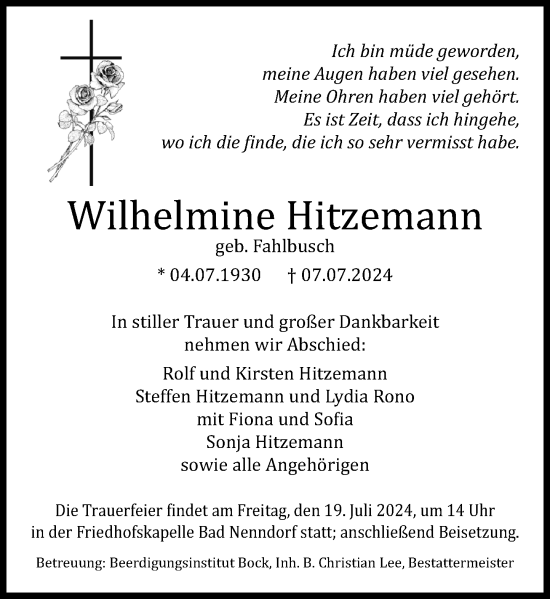 Traueranzeige von Wilhelmine Hitzemann von Schaumburger Nachrichten