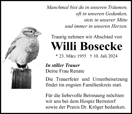 Traueranzeige von Willi Bosecke von Ostsee-Zeitung GmbH