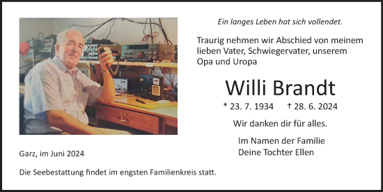 Traueranzeige von Willi Brandt von Ostsee-Zeitung GmbH