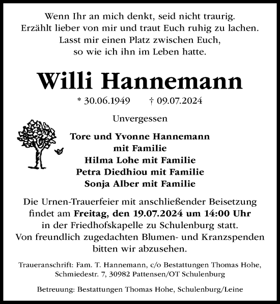 Traueranzeige von Willi Hannemann von Hannoversche Allgemeine Zeitung/Neue Presse