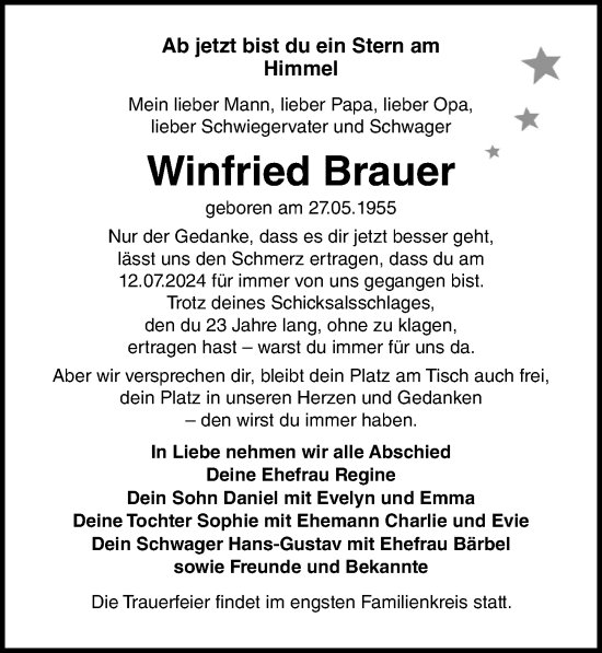 Traueranzeige von Winfried Brauer von Ostsee-Zeitung GmbH