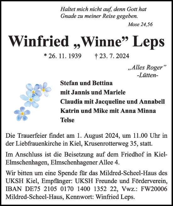 Traueranzeige von Winfried Leps von Kieler Nachrichten
