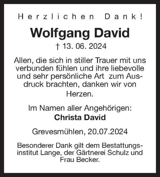 Traueranzeige von Wolfgang David von Ostsee-Zeitung GmbH