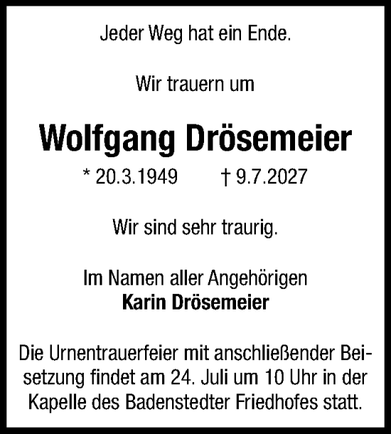 Traueranzeige von Wolfgang Drösemeier von Hannoversche Allgemeine Zeitung/Neue Presse