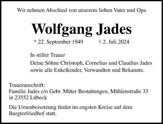 Traueranzeige von Wolfgang Jades von Lübecker Nachrichten